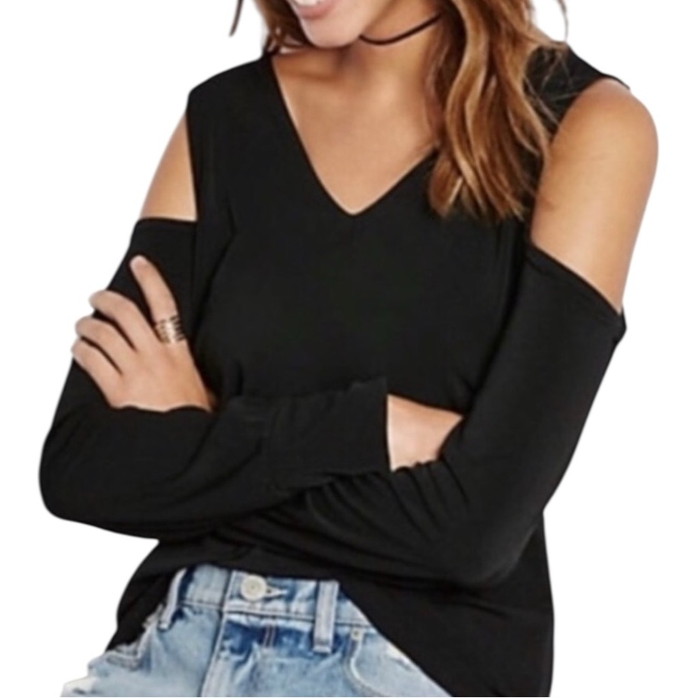 EXPRESS Long Sleeve Top Women’s Small Black Petite Peek-A-Boo Shoulders V-Neck